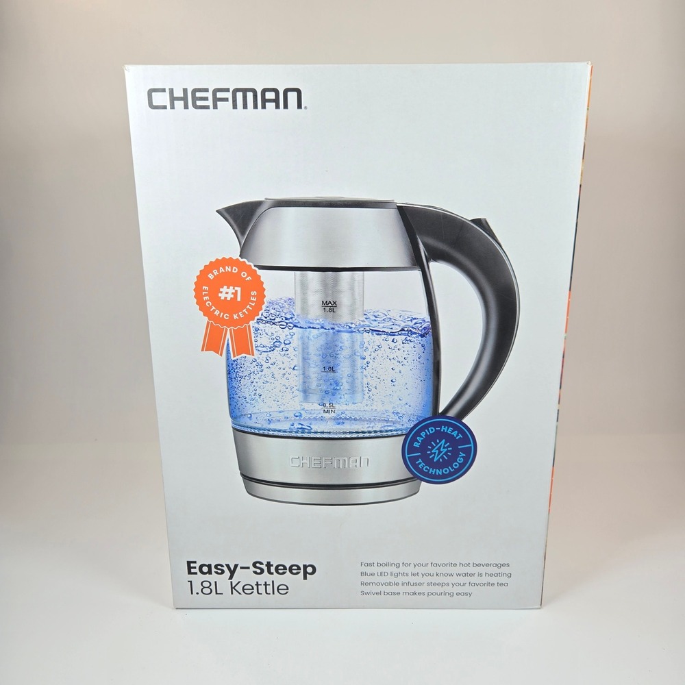 Chefman Easy-Steep 1.8L Electric Kettle Glass Stainless Steel RJ11-17-TI-WM NEW